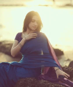 Nuveksha Looks Charming in Elegant Blue Saree Beach Photos (10)