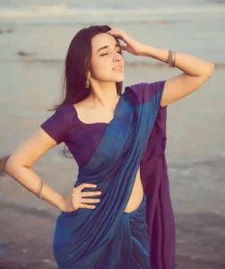 Nuveksha Looks Charming in Elegant Blue Saree Beach Photos (2)