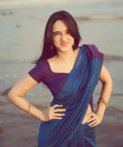 Nuveksha Looks Charming in Elegant Blue Saree Beach Photos (3)