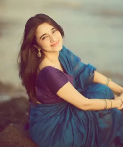 Nuveksha Looks Charming in Elegant Blue Saree Beach Photos (4)