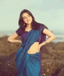 Nuveksha Looks Charming in Elegant Blue Saree Beach Photos (6)
