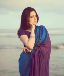 Nuveksha Looks Charming in Elegant Blue Saree Beach Photos (7)