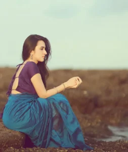 Nuveksha Looks Charming in Elegant Blue Saree Beach Photos (9)