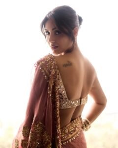 Samyuktha Looks Radiant in Maroon Saree and Mirror Work Blouse Photos (11)