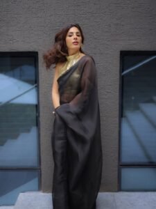 Samyuktha Stuns in Black Saree and Golden Blouse Photos (3)